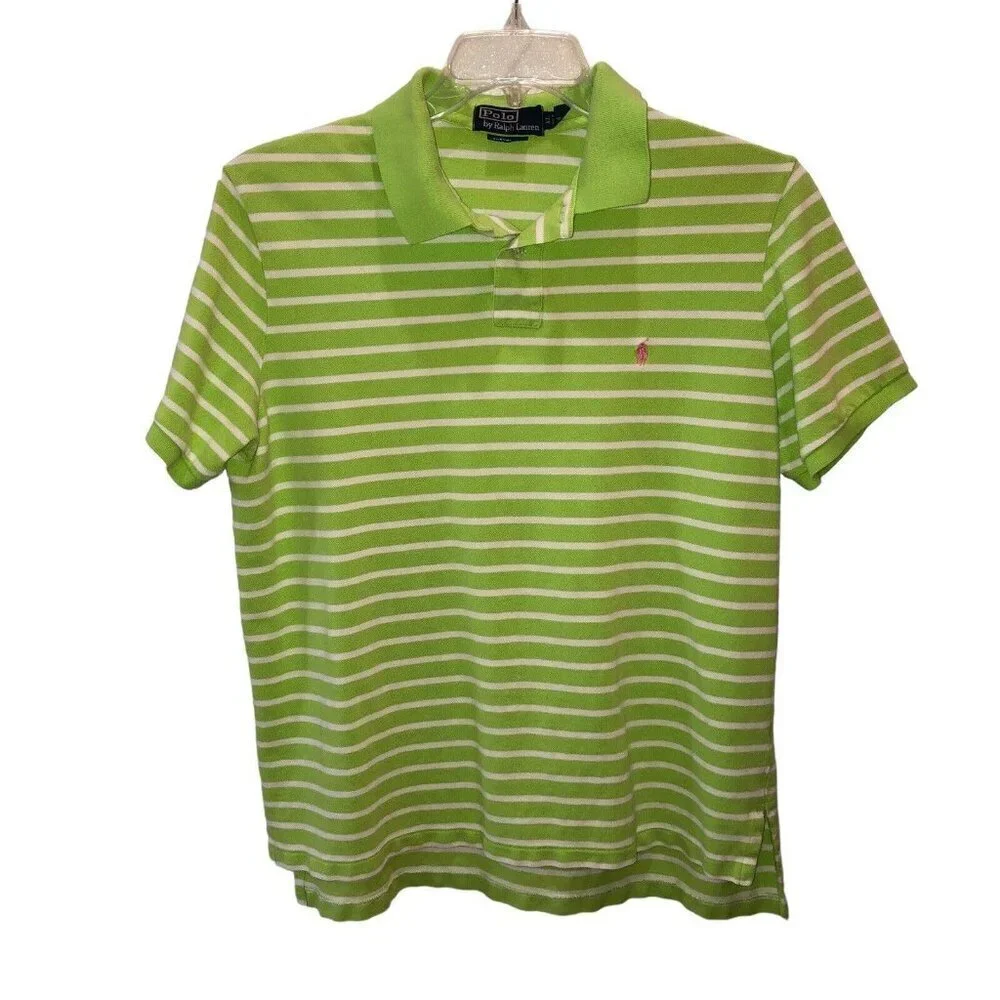 Polo Ralph Lauren Mens XL Green White Striped Knit Custom Fit Shirt